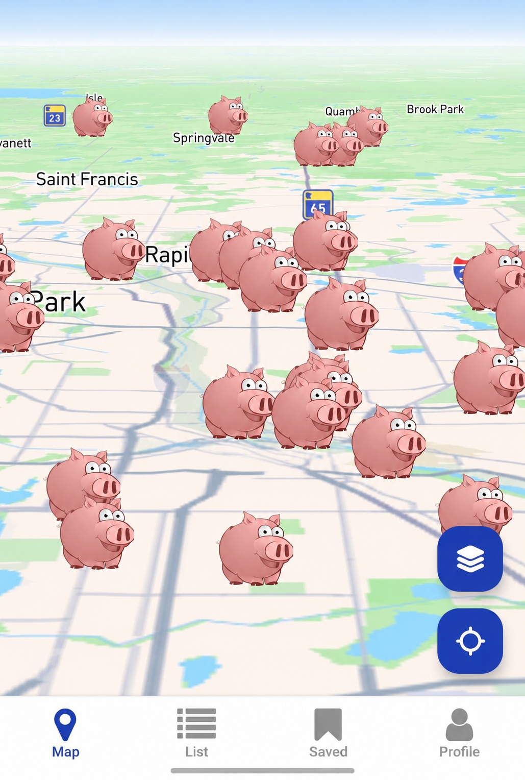 The Froogle app map showing nearby local businesses marked with pink Froogle pig icons